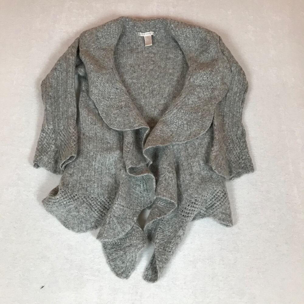 Sarah Spencer Shawl Ruffle Collar Wool Blend Open Front Waterfall Grey Cardigan